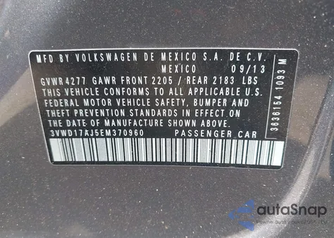 2014 Volkswagen Jetta 1.8T Se z USA, uszkodzony, nr VIN 3VWD17AJ5EM370960